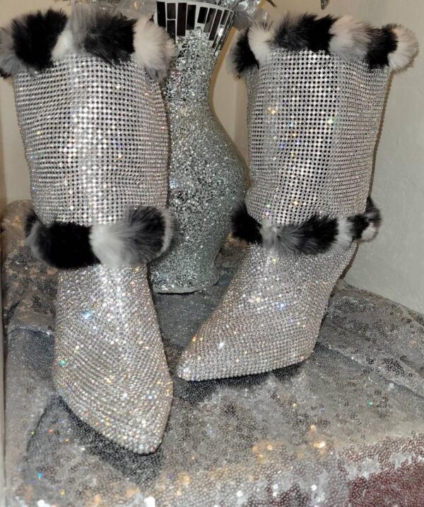 "WEDNESDAY" Crystal Diamante Faux Chinchilla Wedding Ankle Booties