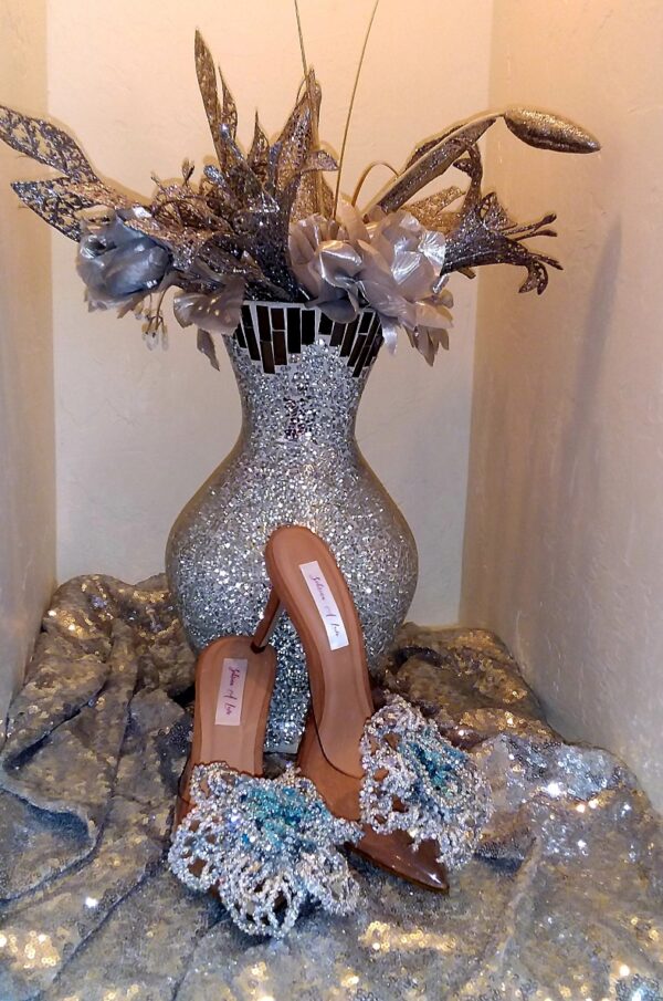 "AMALI" Clear, Silver & Turquoise Crystal Cinderella Wedding Heels - Image 7