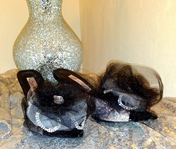 "MARIA LOUISA" Black & White Tulle Diamante Crystal Cinderella Wedding Heels - Image 6