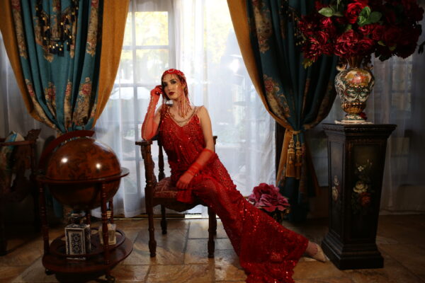 "LADY ENEANOR" Red & Gold Sequin Net Gatsby Wedding Gown - Image 5