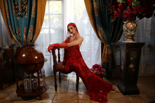 "LADY ENEANOR" Red & Gold Sequin Net Gatsby Wedding Gown - Image 4